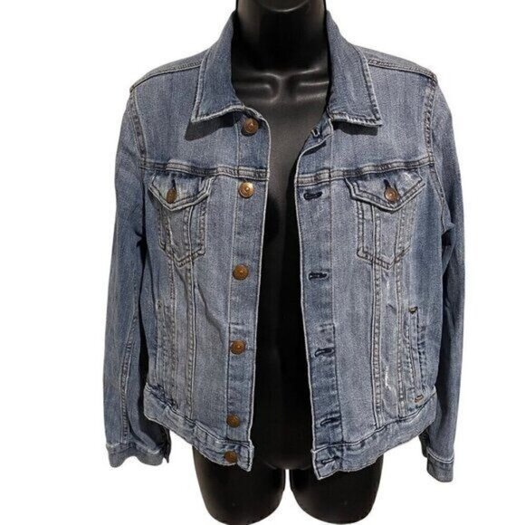 H&M Women Jean Jacket Size 10 Distressed Blue Denim Button-Up Side Pocket Casual - Picture 1 of 11